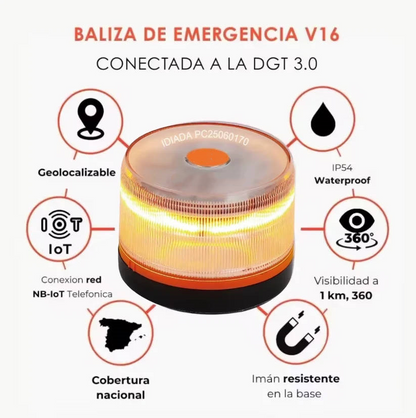DarkFairy Luz de Emergencia V16 Aprobada por la DGT con Geolocalización 3.0 – Señalización de Ubicación para Automóviles, Plan de Datos Incluido – Base Magnética IP54 – Cumple con la Normativa 2026.